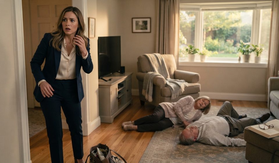 Elra standing in shock inside her parents' quiet home after finding them lying unconscious on the floor.