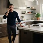 A successful 32-year-old man standing in his modern kitchen, stunned as he overhears his father insulting him through an accidentally connected phone call.