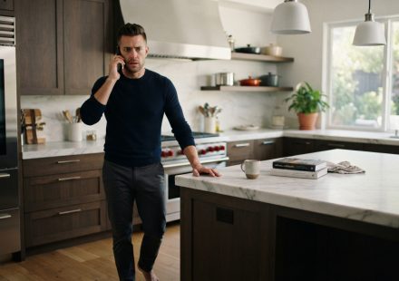 A successful 32-year-old man standing in his modern kitchen, stunned as he overhears his father insulting him through an accidentally connected phone call.