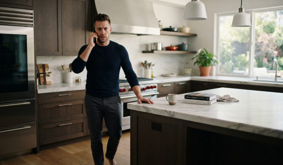 A successful 32-year-old man standing in his modern kitchen, stunned as he overhears his father insulting him through an accidentally connected phone call.