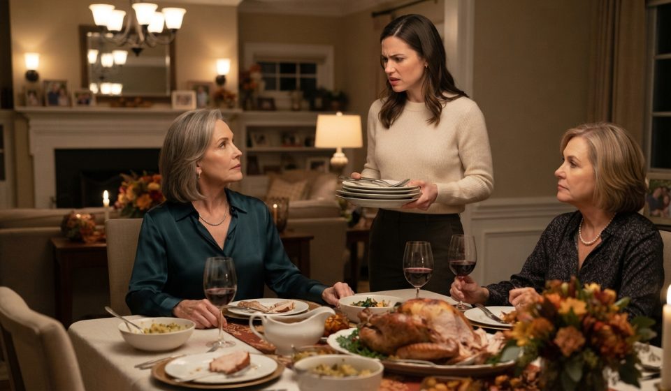 Mother at a tense Thanksgiving dinner telling her daughter to start paying her own bills