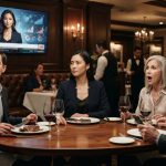 A calm female technology CEO sitting at a family dinner as her shocked relatives react to an unexpected television business report.