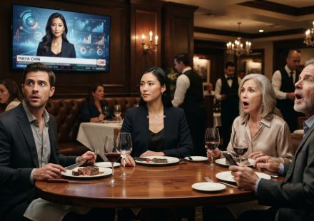 A calm female technology CEO sitting at a family dinner as her shocked relatives react to an unexpected television business report.