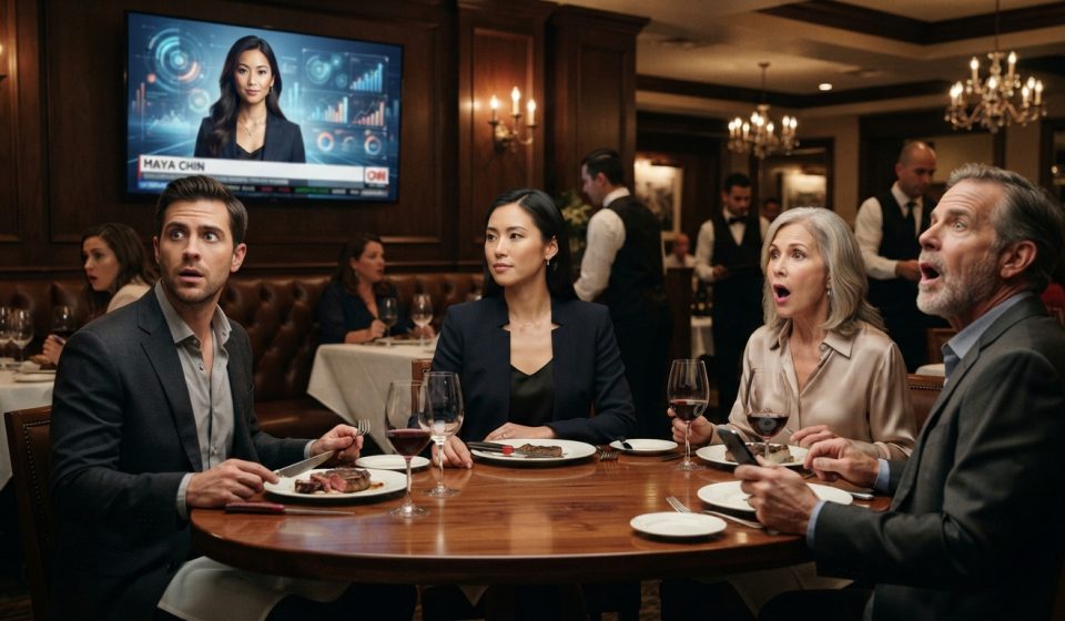 A calm female technology CEO sitting at a family dinner as her shocked relatives react to an unexpected television business report.