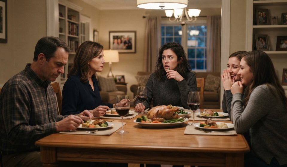 A 26-year-old woman sitting stunned at a family dinner after being given one month to find a new place.