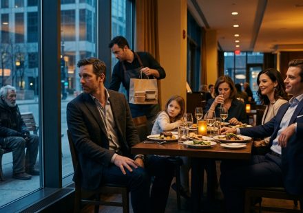 Benjamin sitting quietly at a family restaurant table while his brother mocks him after he buys a meal for an elderly homeless man.
