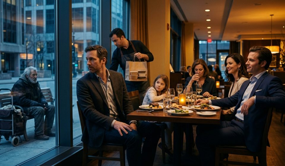 Benjamin sitting quietly at a family restaurant table while his brother mocks him after he buys a meal for an elderly homeless man.
