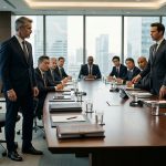 An experienced executive being fired publicly in front of 15 CEOs during a major international boardroom meeting.