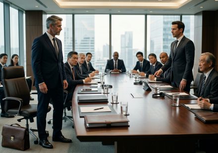 An experienced executive being fired publicly in front of 15 CEOs during a major international boardroom meeting.