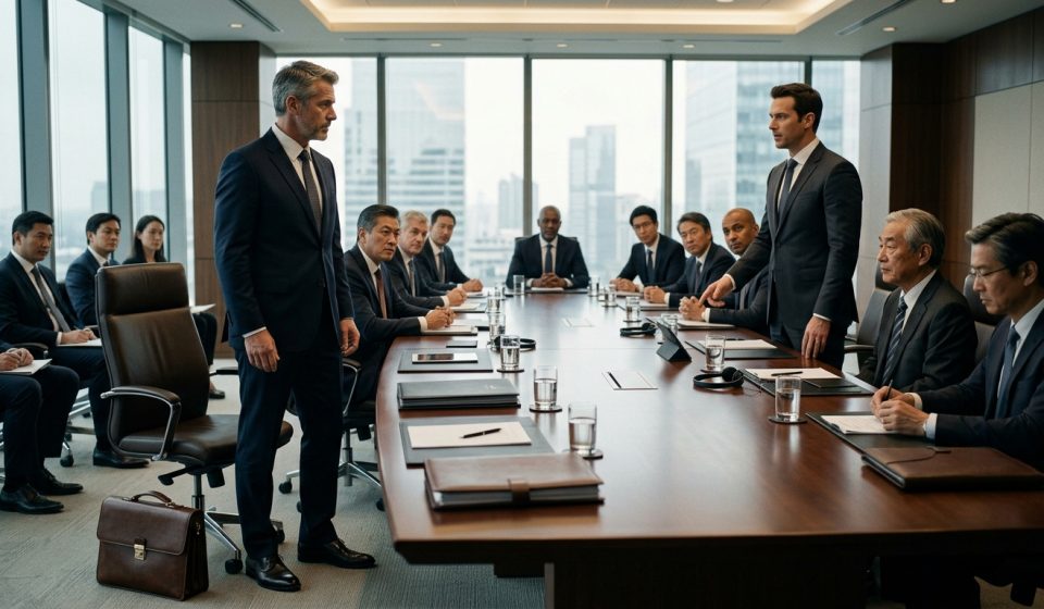 An experienced executive being fired publicly in front of 15 CEOs during a major international boardroom meeting.