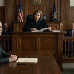 A quiet woman stands alone in court while her confident sister and parents celebrate as the judge studies an important document.
