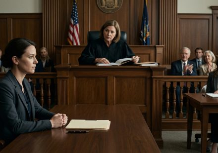 A quiet woman stands alone in court while her confident sister and parents celebrate as the judge studies an important document.