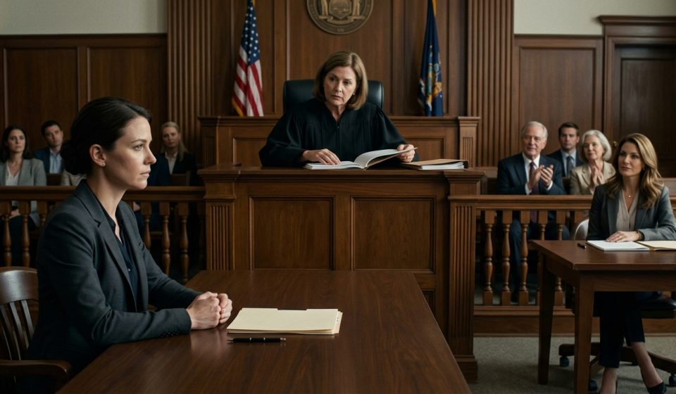 A quiet woman stands alone in court while her confident sister and parents celebrate as the judge studies an important document.
