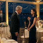 A powerful CEO approaches a composed woman in a navy dress during an elegant rehearsal dinner as her mother and other guests watch in surprise.