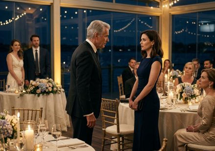A powerful CEO approaches a composed woman in a navy dress during an elegant rehearsal dinner as her mother and other guests watch in surprise.