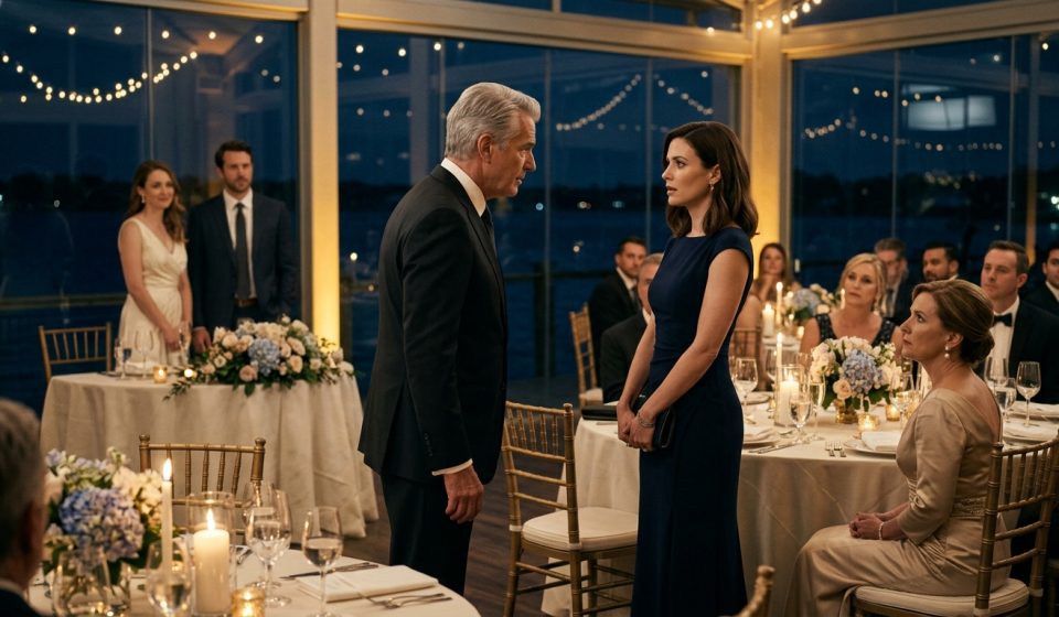 A powerful CEO approaches a composed woman in a navy dress during an elegant rehearsal dinner as her mother and other guests watch in surprise.