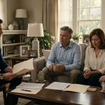 Elliot looks stunned during a tense family meeting as his parents explain why they gave his inherited apartment to his sister Madison.