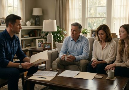 Elliot looks stunned during a tense family meeting as his parents explain why they gave his inherited apartment to his sister Madison.