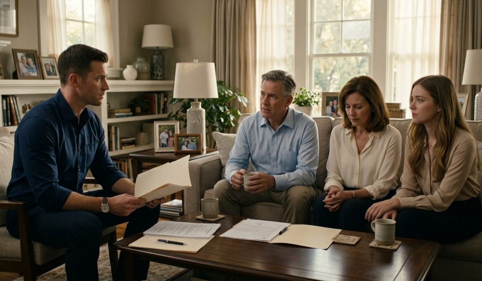 Elliot looks stunned during a tense family meeting as his parents explain why they gave his inherited apartment to his sister Madison.