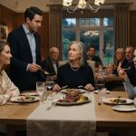 Mother sitting calmly at a family dinner as her son announces plans to give her cottage to his wife