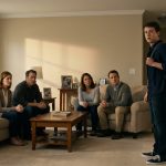 An 18-year-old male student stands in disbelief in a family living room while his angry parents and another family confront him over a serious accusation.