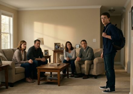 An 18-year-old male student stands in disbelief in a family living room while his angry parents and another family confront him over a serious accusation.