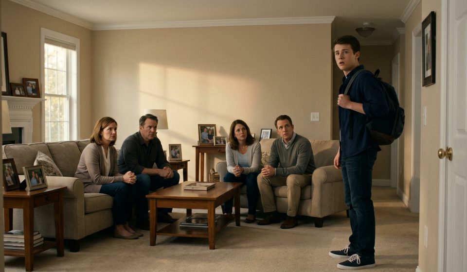 An 18-year-old male student stands in disbelief in a family living room while his angry parents and another family confront him over a serious accusation.