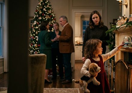 Mother protecting her young daughter in a decorated Christmas living room while her stern father watches nearby.
