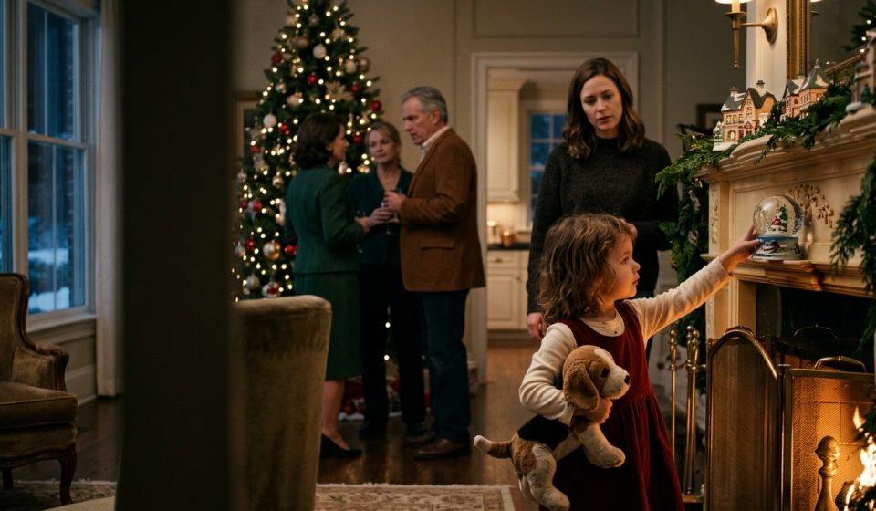 Mother protecting her young daughter in a decorated Christmas living room while her stern father watches nearby.