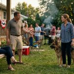 A woman stands protectively beside her two German Shepherds at a Fourth of July backyard party while two guests on a porch swing look displeased.