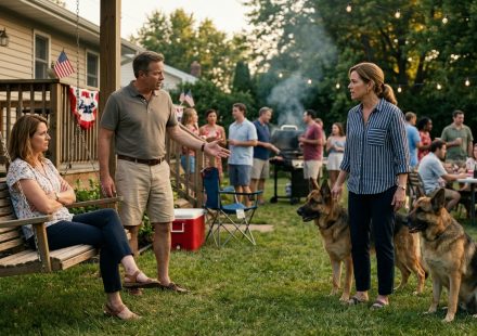 A woman stands protectively beside her two German Shepherds at a Fourth of July backyard party while two guests on a porch swing look displeased.