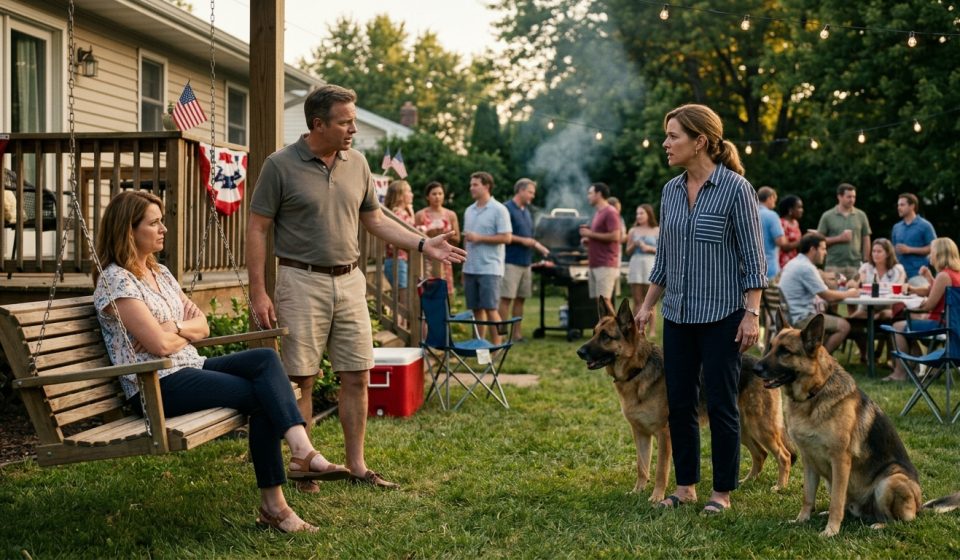 A woman stands protectively beside her two German Shepherds at a Fourth of July backyard party while two guests on a porch swing look displeased.