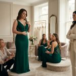 Five bridesmaids look uncomfortable as their friend, the bride, insists on an expensive, revealing bridesmaid dress inside an elegant bridal boutique.