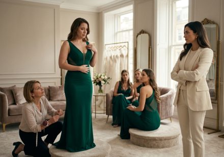 Five bridesmaids look uncomfortable as their friend, the bride, insists on an expensive, revealing bridesmaid dress inside an elegant bridal boutique.