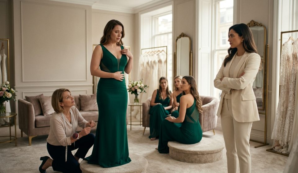 Five bridesmaids look uncomfortable as their friend, the bride, insists on an expensive, revealing bridesmaid dress inside an elegant bridal boutique.
