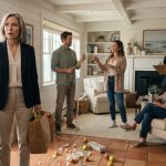Mother standing shocked in her new cottage while her son measures the living room and unexpected visitors inspect her home