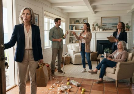 Mother standing shocked in her new cottage while her son measures the living room and unexpected visitors inspect her home