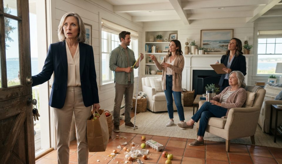 Mother standing shocked in her new cottage while her son measures the living room and unexpected visitors inspect her home