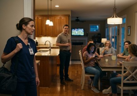 An exhausted nurse in medical scrubs arrives home to find six of her husband's relatives waiting around the dining table while her husband stands nearby.