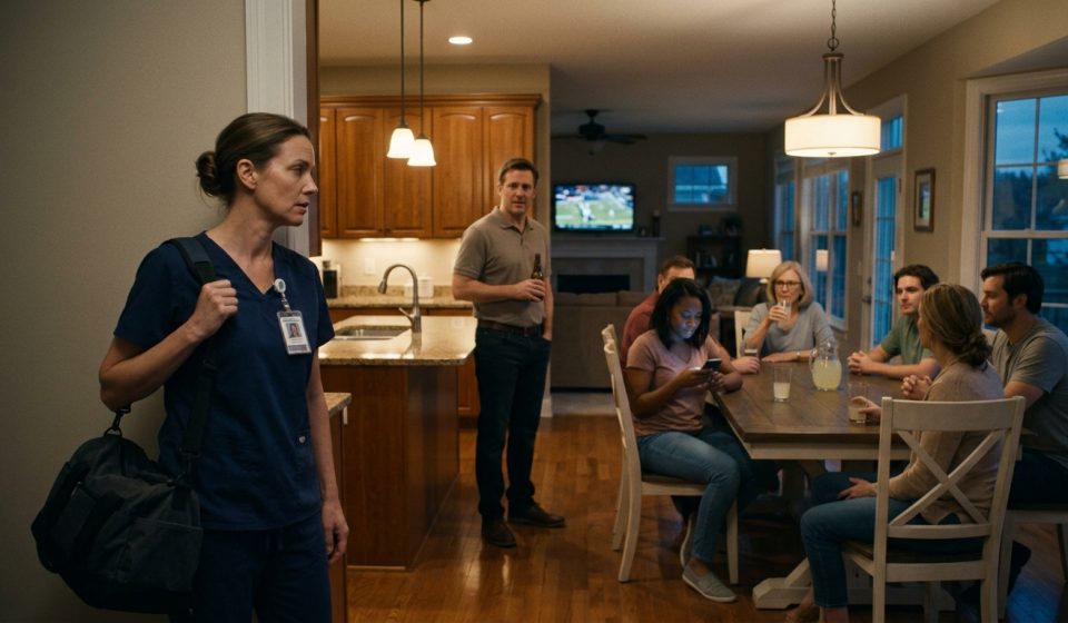 An exhausted nurse in medical scrubs arrives home to find six of her husband's relatives waiting around the dining table while her husband stands nearby.