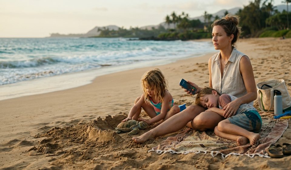 A mother sits on a Maui beach with her sleeping son and daughter, looking at her phone after her mom cancelled her Tahiti trip.