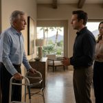 A 67-year-old father standing beside his walker in an upscale Scottsdale home as his adult son tells him to move out while his daughter-in-law watches with a faint smile.