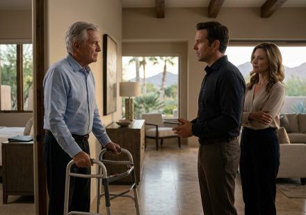 A 67-year-old father standing beside his walker in an upscale Scottsdale home as his adult son tells him to move out while his daughter-in-law watches with a faint smile.