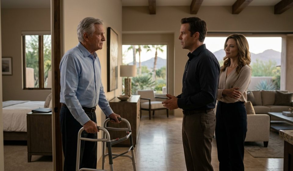 A 67-year-old father standing beside his walker in an upscale Scottsdale home as his adult son tells him to move out while his daughter-in-law watches with a faint smile.