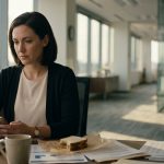 A professional woman sits at her office desk holding a smartphone, looking disappointed after reading a hurtful family group chat message.