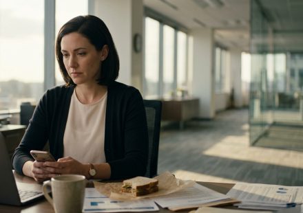 A professional woman sits at her office desk holding a smartphone, looking disappointed after reading a hurtful family group chat message.