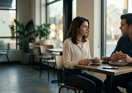 A young woman looks shocked and disappointed during a café conversation as her longtime male friend reveals that their mutual friend is getting married without inviting her.