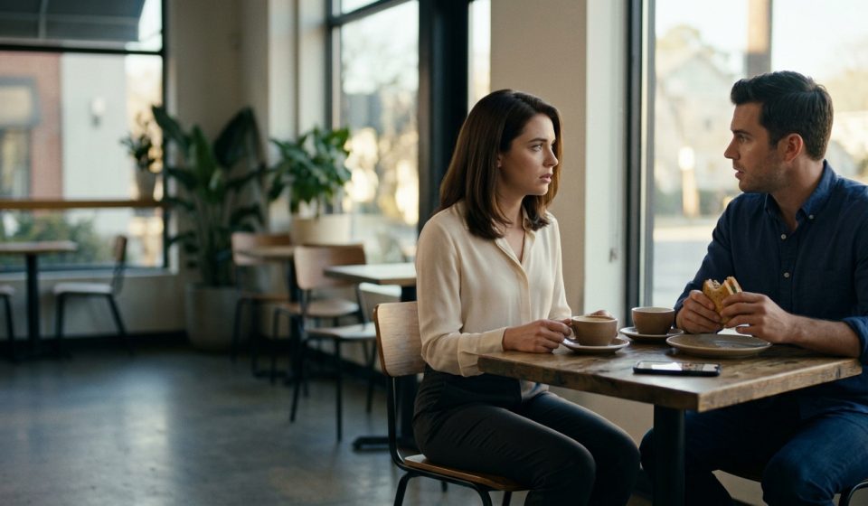 A young woman looks shocked and disappointed during a café conversation as her longtime male friend reveals that their mutual friend is getting married without inviting her.