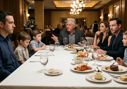 A father sits protectively beside his two young sons at an upscale restaurant, where they have only crackers while their cousins enjoy expensive lobster and steak.