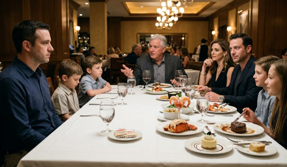 A father sits protectively beside his two young sons at an upscale restaurant, where they have only crackers while their cousins enjoy expensive lobster and steak.